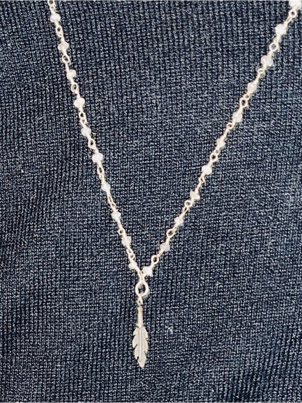 Delicate Handmade Silver Feather Pendant & Light Blue Rosary Bead Necklace 22”